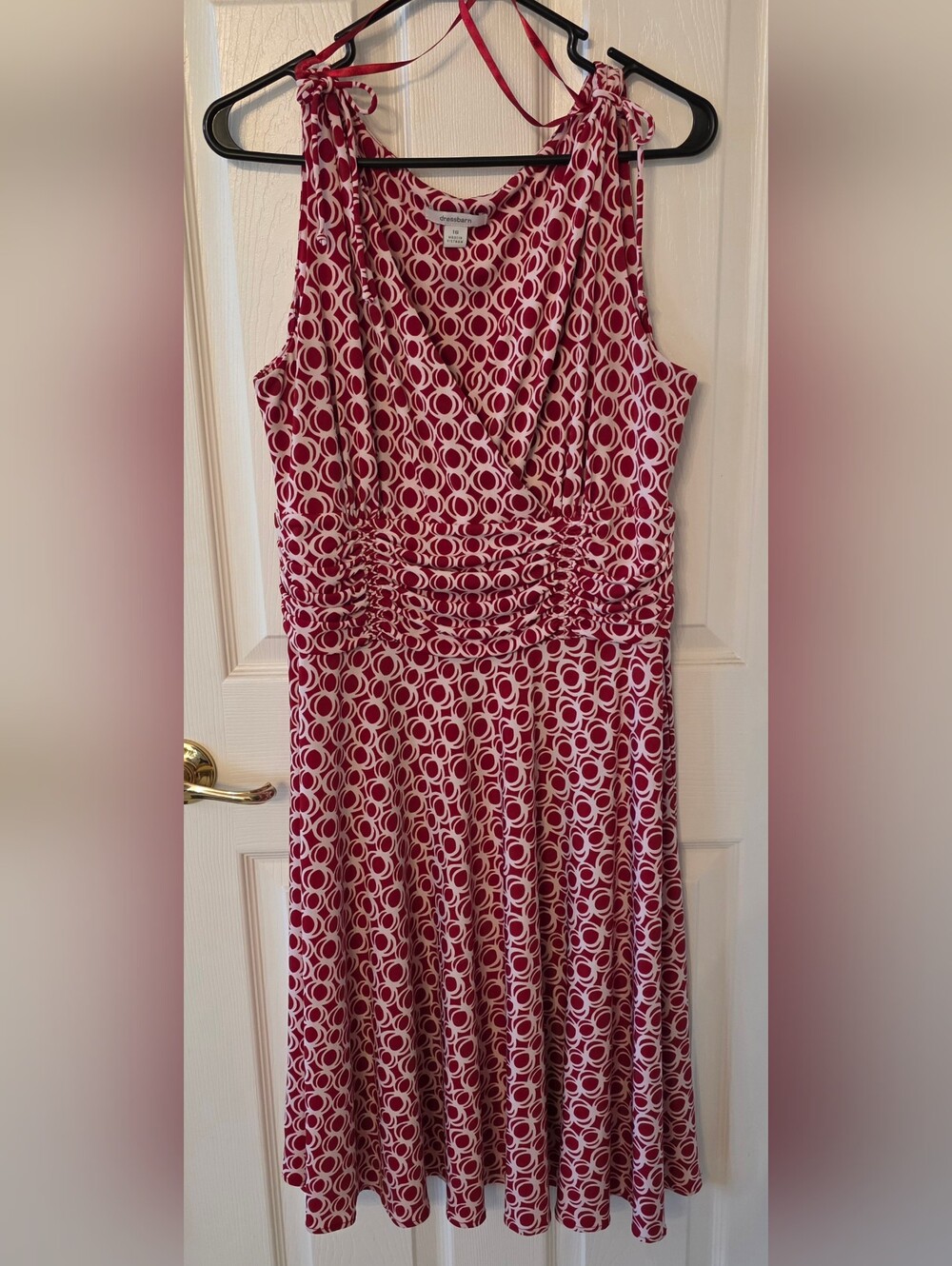 Dressbarn Red and White Geometric Tie-Shoulder Midi Dress with Ruched Waist